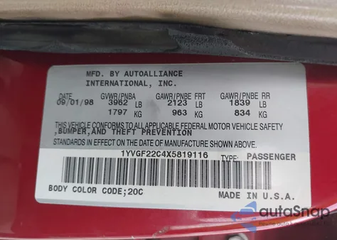 1999 Mazda 626 Es/Lx from USA, damaged, VIN 1YVGF22C4X5819116